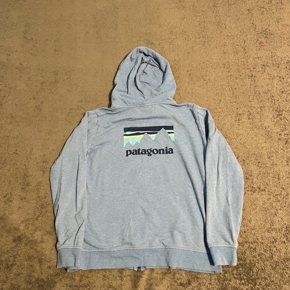 Patagonia Womens XL Blue Organic Cotton Full Zip Fitz Roy Logo Hoodie Sweatshirt